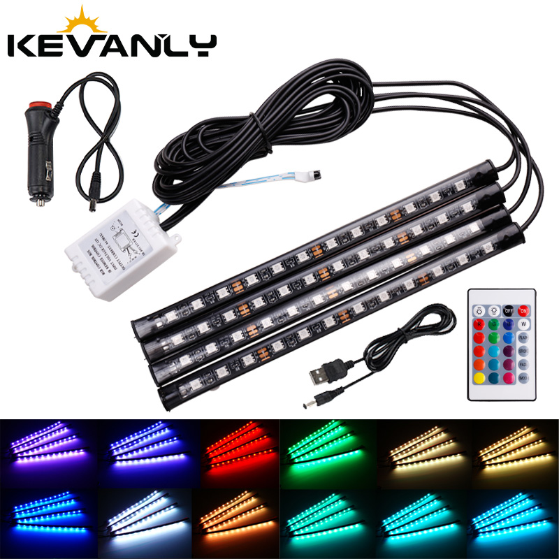 

4 in 1 USB car lights decorati Decorative car interior light RGB LED Strip Light Atmosphere Lamps With Remote contro12V