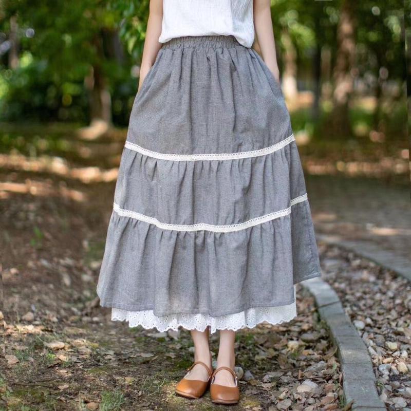 

Summer new trousers plaid cotton and linen skirt long skirt female casual wild style 2020, Black