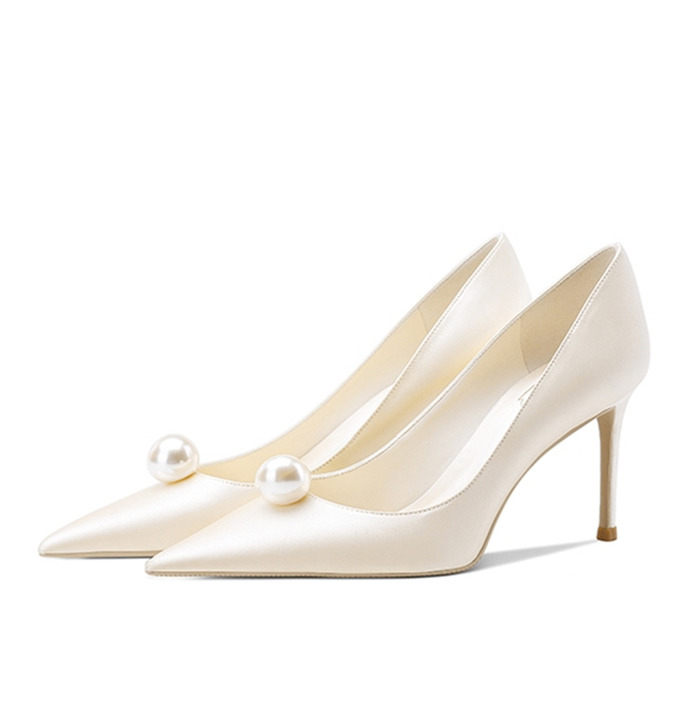 

New arrival Wedding Shoes Handmade Pearls Silk Satin Bridal Shower heels Prom Party formal shoe heel 8.5cm size 35-40 free ship, White 8.5cm heel