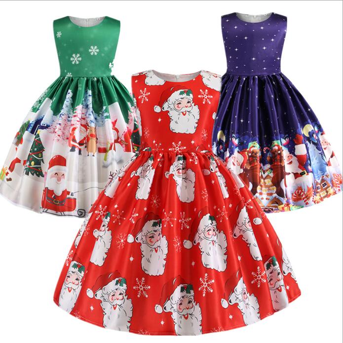 

Santa Claus Snowflake Cartoon Print Princess Dress Christmas Costume Ins New Girl Christmas Dress, Red