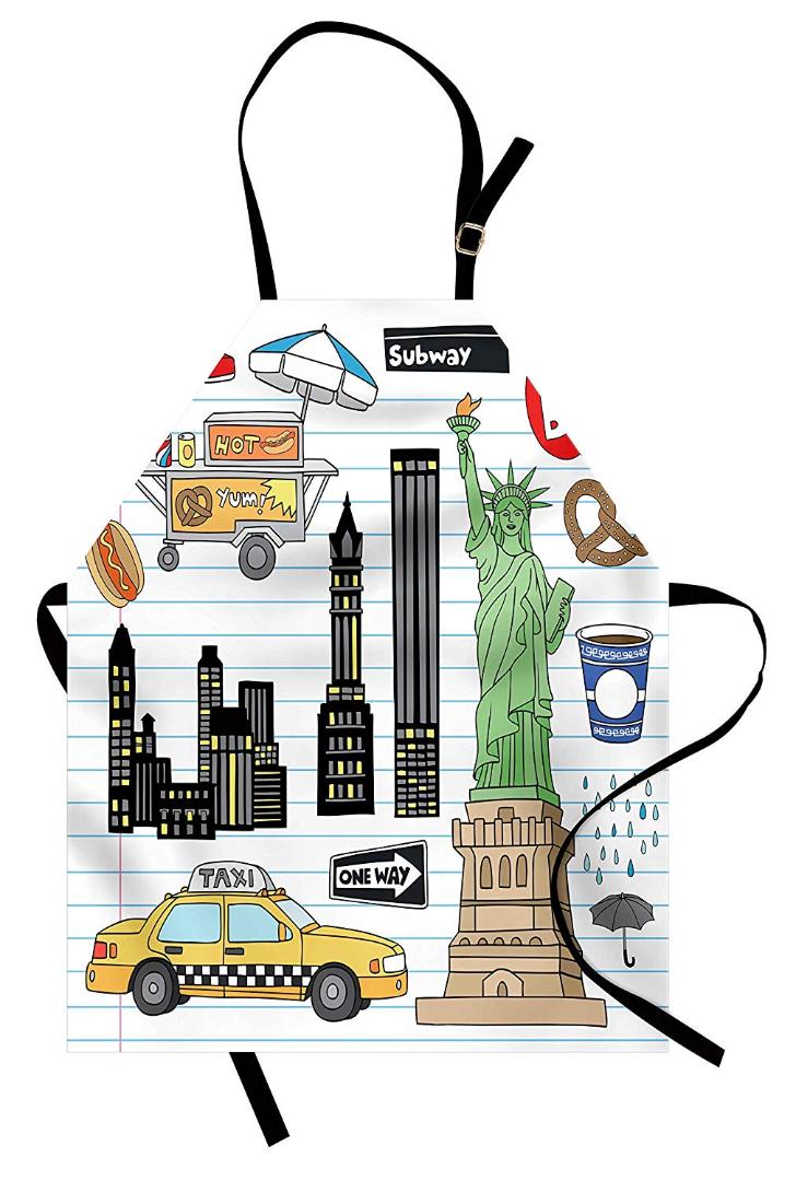 

Doodle Apron New York City Manhattan Statue of Liberty The Big Apple Hot Dog StSketch Style Women Men Kids Kitchen Pinafore