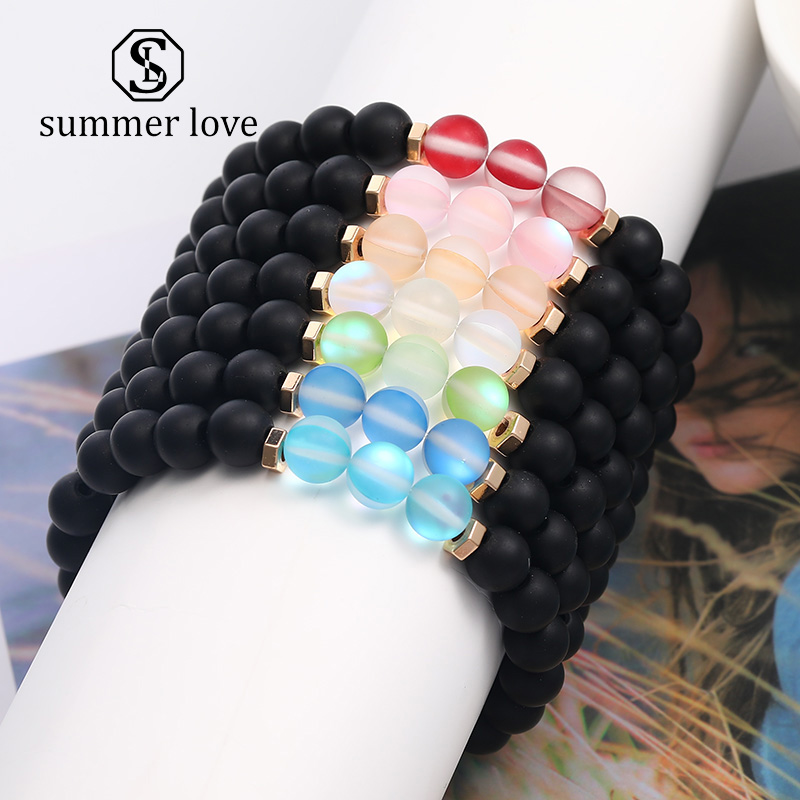 

8mm Polish Frosted Crystal Glass Flash Stone Bead Bracelet for Women Men Black Matte Imitation Agate Beads Bracelet Fashion Jewelry