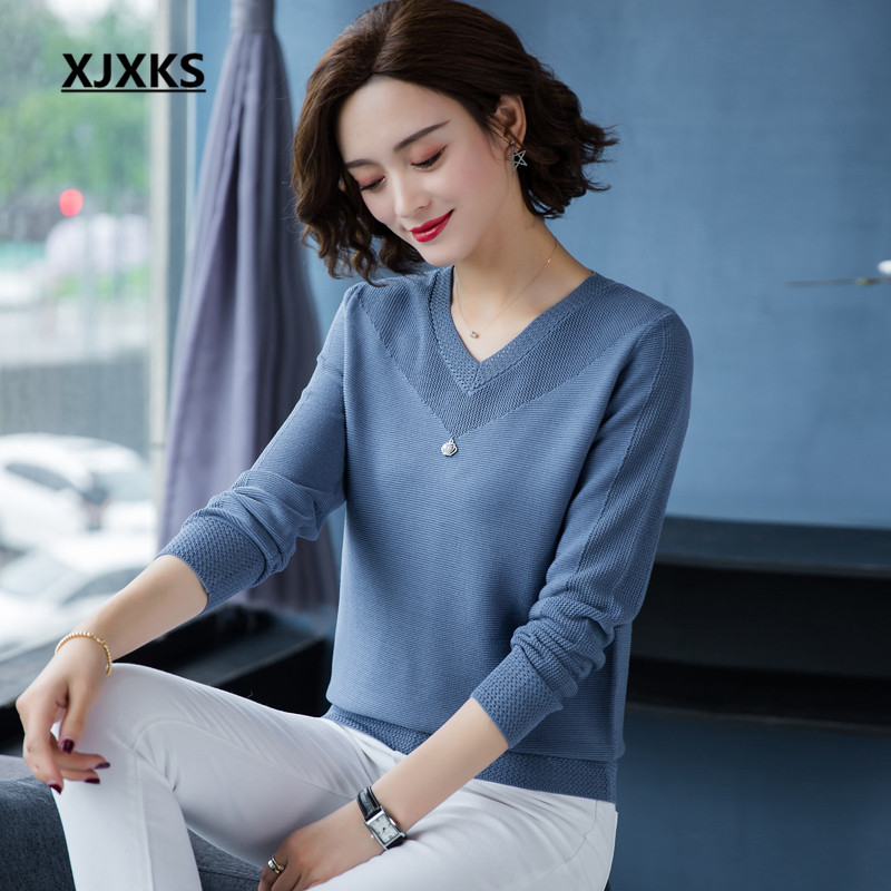 

XJXKS Fashion V-neck comfortable linen knitted sweater women' pullover 2020 autumn winter new women' bottoming shirt, Black