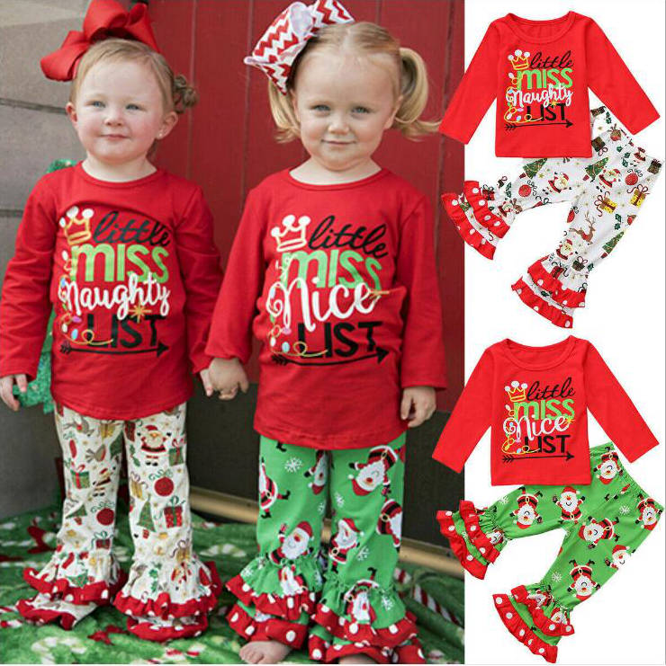 

Baby Christmas Clothes Girls Xmas Long Sleeve Tops Bell-bottoms Clothing Sets Xmas Letter Print T-Shirt Flared Pants Trousers Suits D6389