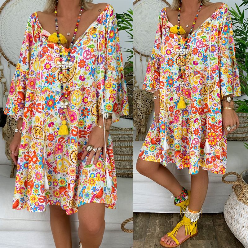 

2020 Summer Women Boho Dress V Neck Floral Long Sleeve Shirt Dress Holiday Beach Plus Size -5XL, Black