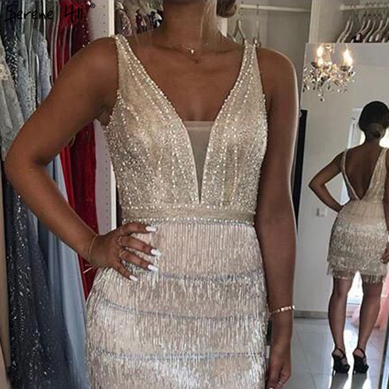 

2019 Champagne V-Neck Sexy Short Dresses Beading Tassel Party Cocktail Dresses Serene HiLL LA70124