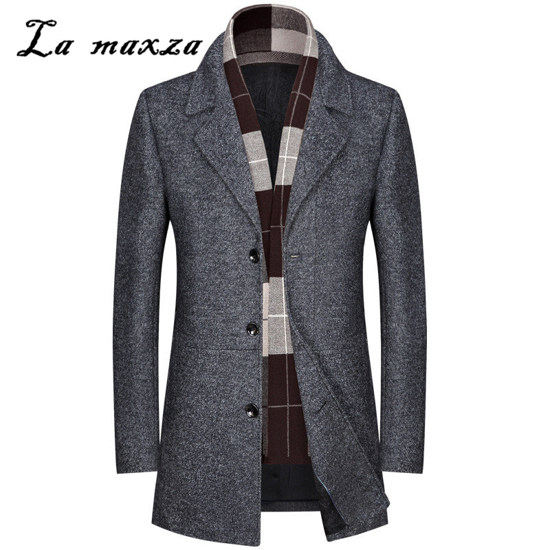 autumn winter casual slim fit stand collar scarf detachable stylish woolen overcoat jacket for men