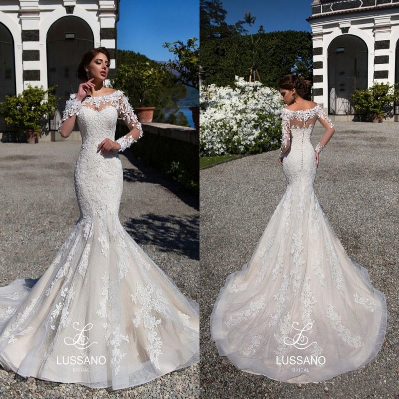 

2020 Mermaid Lace Wedding Dresses Sheer Long Sleeves Appliqued Scoop Neckline Long Train Vintage Bridal Gowns Vestidos de novia, Gold