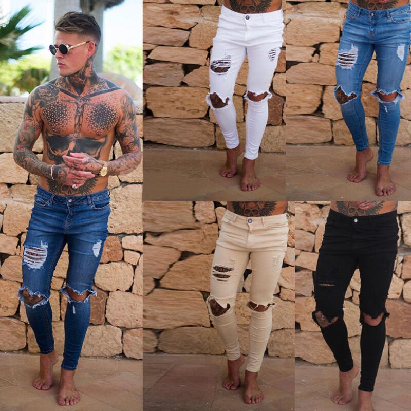 

NEW Men Stretchy Ripped Skinny Biker Jeans Destroyed Taped Slim Fit Holes Blue Black Denim Pants Size 28-36, Light blue