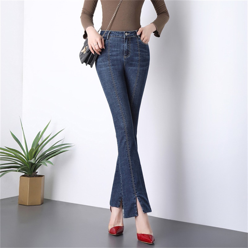 

Free Shipping Women' 2020 New Fall Winter High Rise Micro Flare Jeans Slim fit retro split elastic stretch thin trousers, Blue