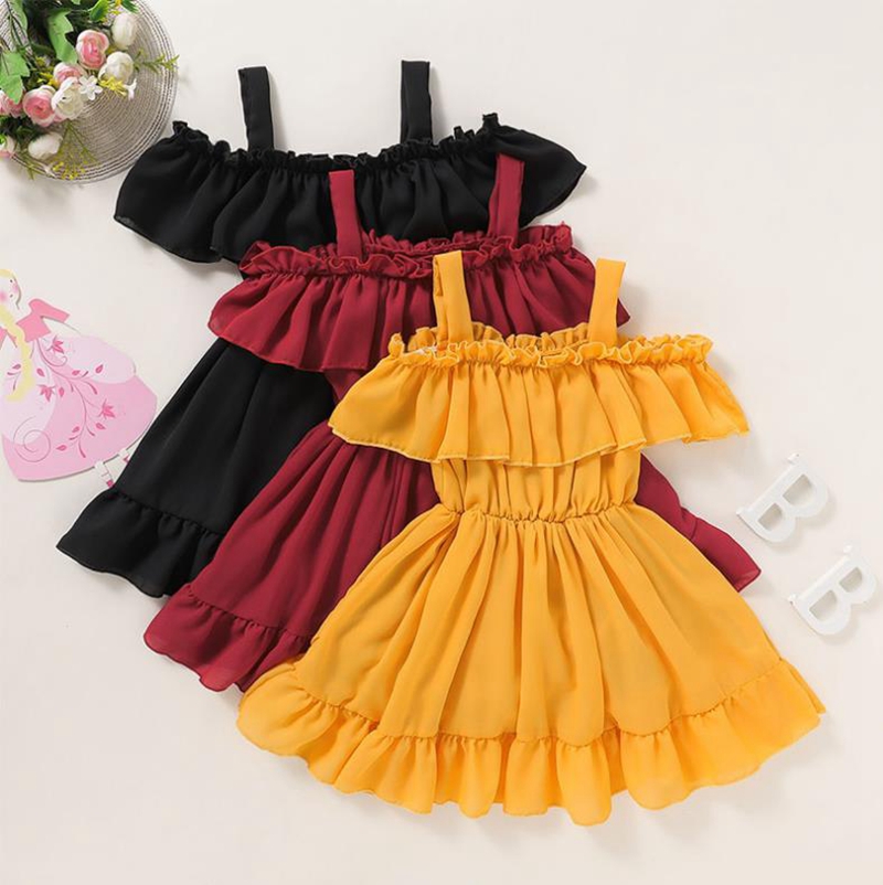 Enfant en bas âge fille vêtements hors épaule filles robes jarretelles enfants princesse robe solide enfants robes été enfants vêtements 3 couleu