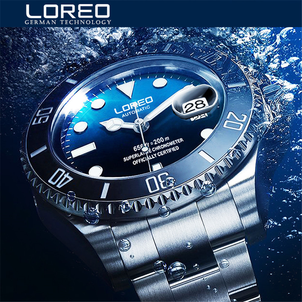 

New Loreo Water Ghost Series Classic Blue Dial Luxury Men Automatic Watches Stainless Steel 200m Waterproof Mechanical Watch Y19061905