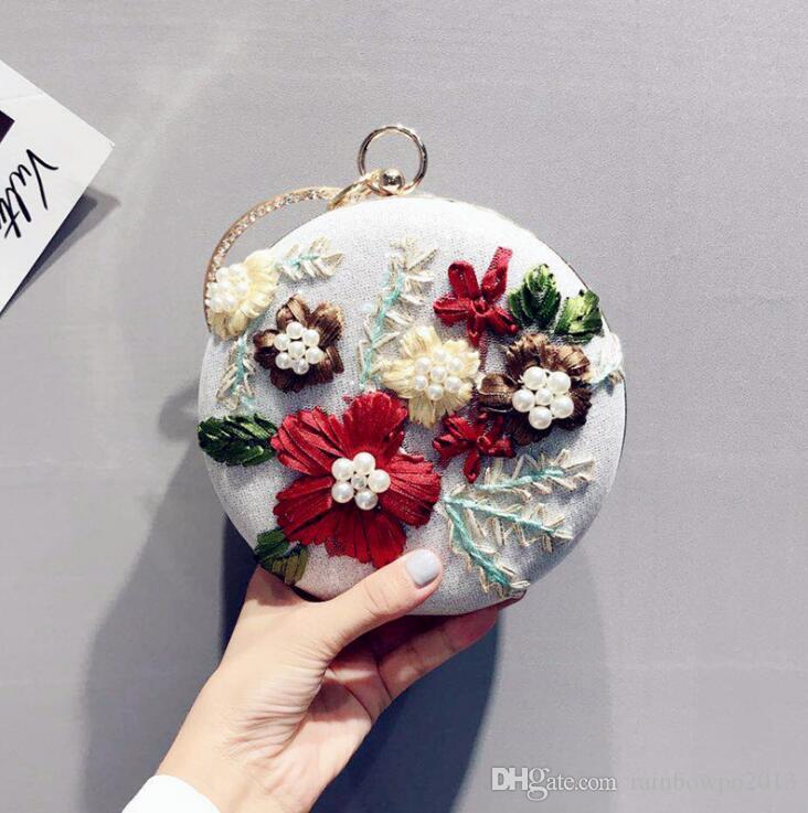 

outlet brand women bag original design handmade embroiderys round dinner handbags sweet embroidery hand chain bags fashion Pearl banquet handbag, Gold(boutique packaging)