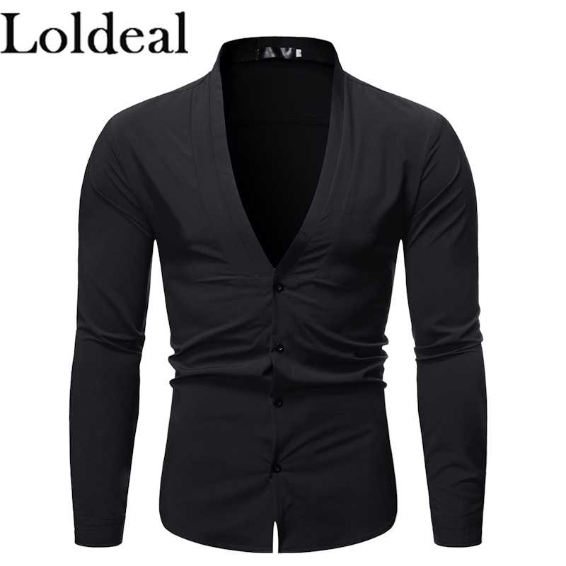 

Loldeal New Men Fashion Is Versatile with Solid Color Deep V-neck Shirt Long-sleeve Button-down, Black