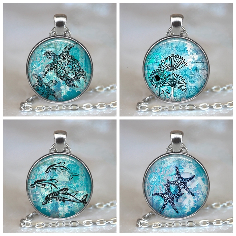 

Blue Ocean Starfish Turtle Dolphin Silver Color Jewelry Classic Glass Cabochon Necklace And Pendants Fashion For Women Of Women