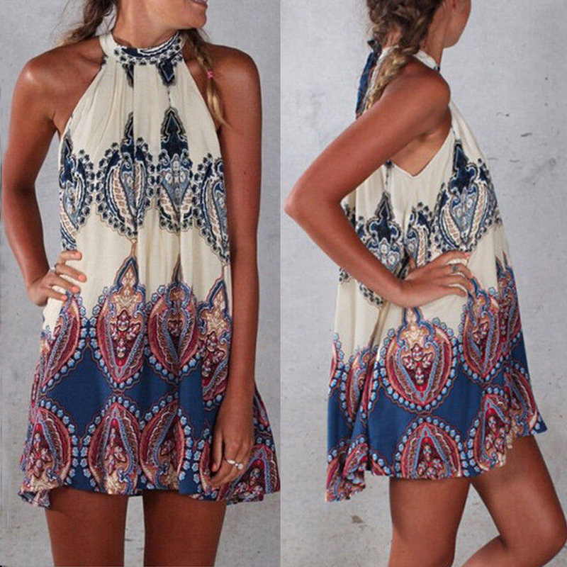 

Women's Summer Casual Sleeveless Hanging Bohemian Party Beach Mini Halter Neck Dress Short Mini Dress, Black;gray