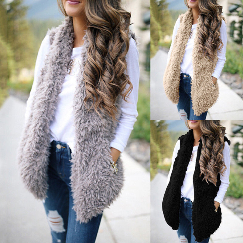 

Womens Fluffy Long Fleece Vests Outwear Fashion Soft Winter Warm Ladies Plus Size Vests, Black