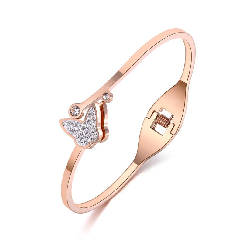 

Rose Gold Stainless Steel Butterfly Cubic Zirconia Cuff Bangles Bracelets Lovers Jewelry Valentine's Day Gift B19030