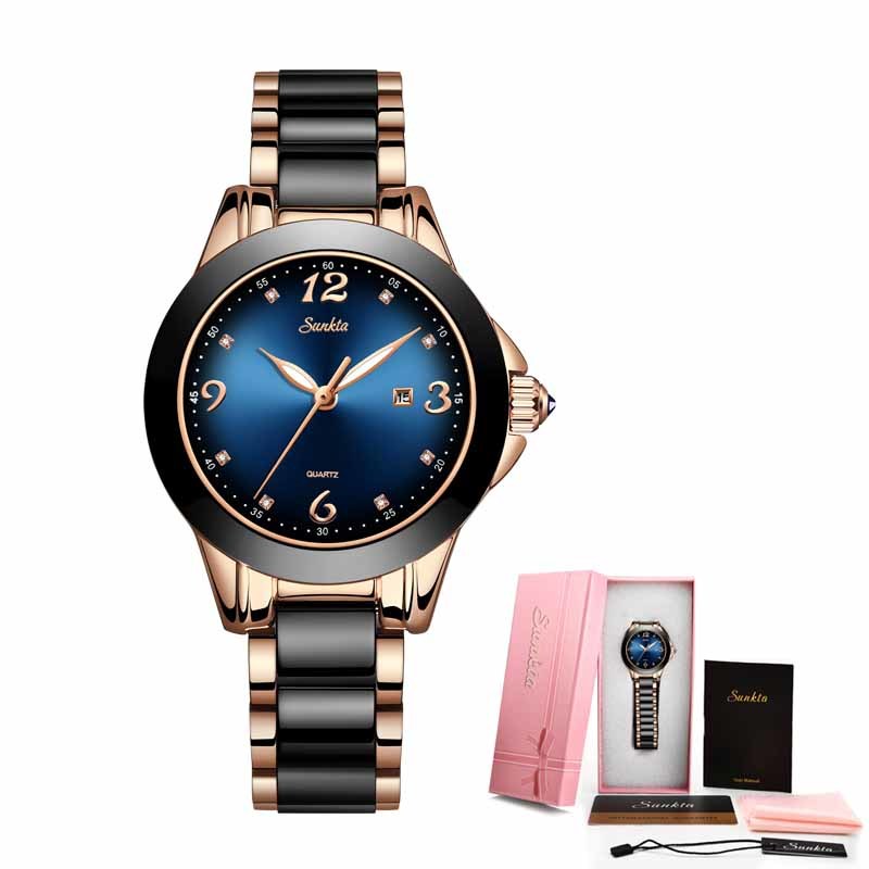

SUNKTA Blue Fashion Women Watches Ladies Top Brand Luxury Ceramic Sport Quartz Watch Women Waterproof Bracelet Watch 210517, Red