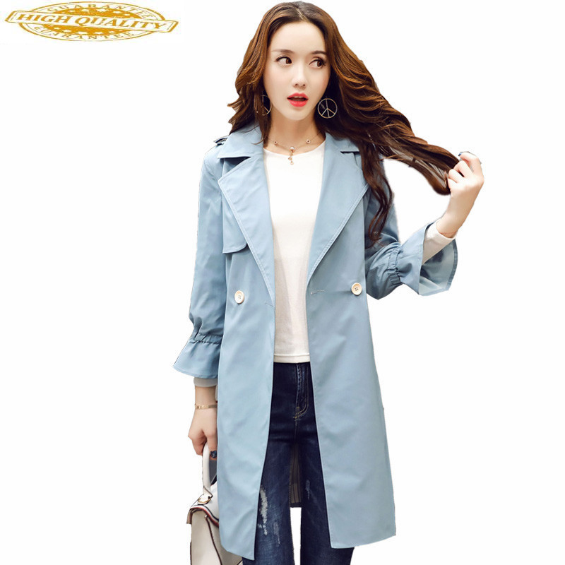 

Slim Trench Coat 2020 Women' Spring Tunique Longue Coat Flare Sleeve Windbreaker Trench Para As Mulheres WXF117, Sky blue