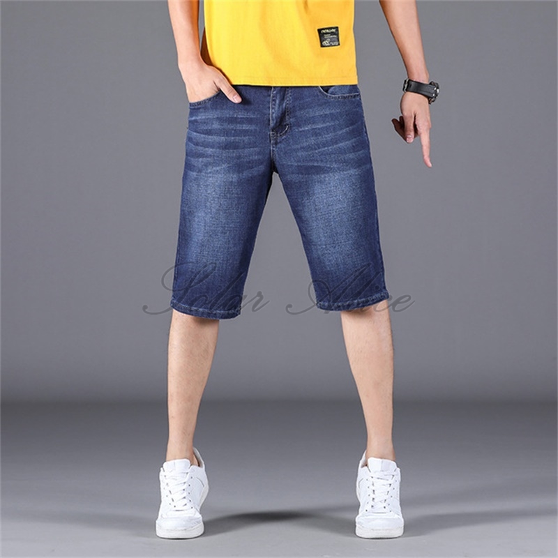 

Free Shipping 2020 Men's Summer New Straight Knee Length Denim Shorts High Waist Elastic Slim Youth Casual Shorts Dark Blue