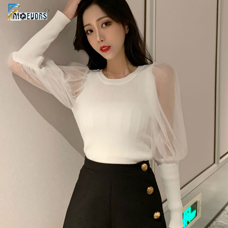 

2020 Spring Fashion Slim Fitted Tops Women Long Sleeve Sexy Transparent Sheer Mesh Top Basic Shirts Blouse Black White D317