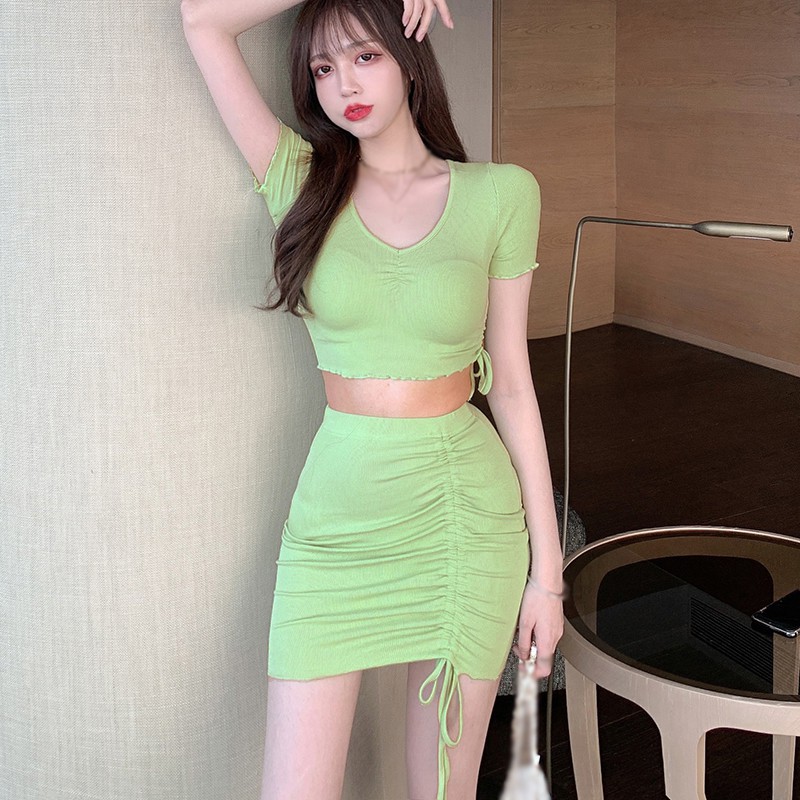

Solid Color 2 Pcs Set Fashion Female Sexy V Neck Short Sleeve T Shirt + Mini Skirt Knitted Women' Set, Purple