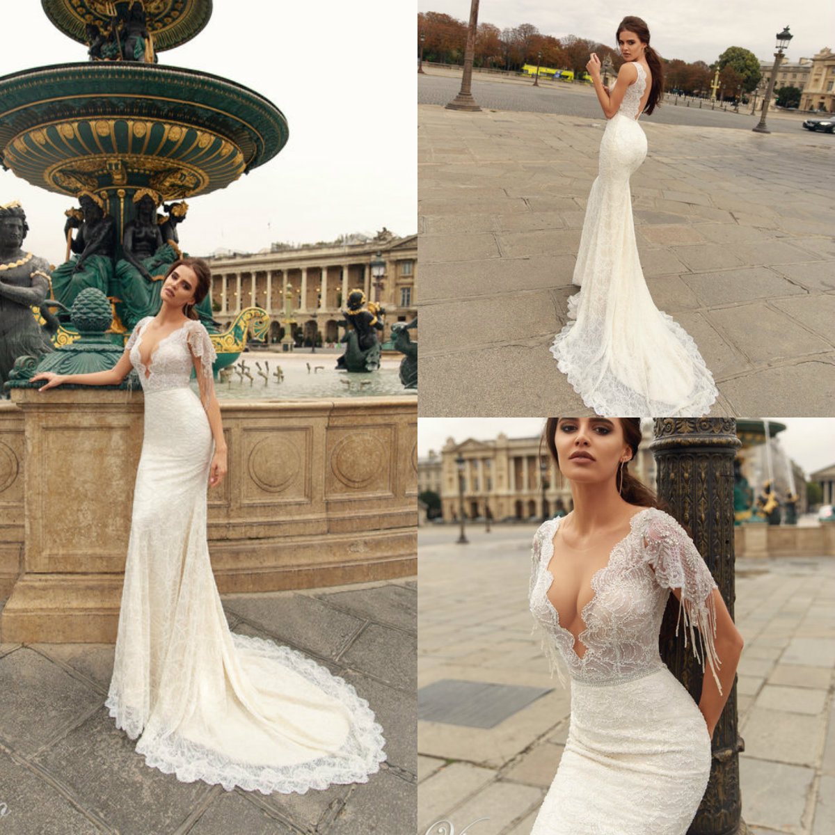 

Berta 2019 Mermaid Wedding Dresses Sexy Deep V Neck Sweep Train Beach Wedding Dress Backless Sleeves Tassel Boho Garden Bridal Gowns Lace, Black