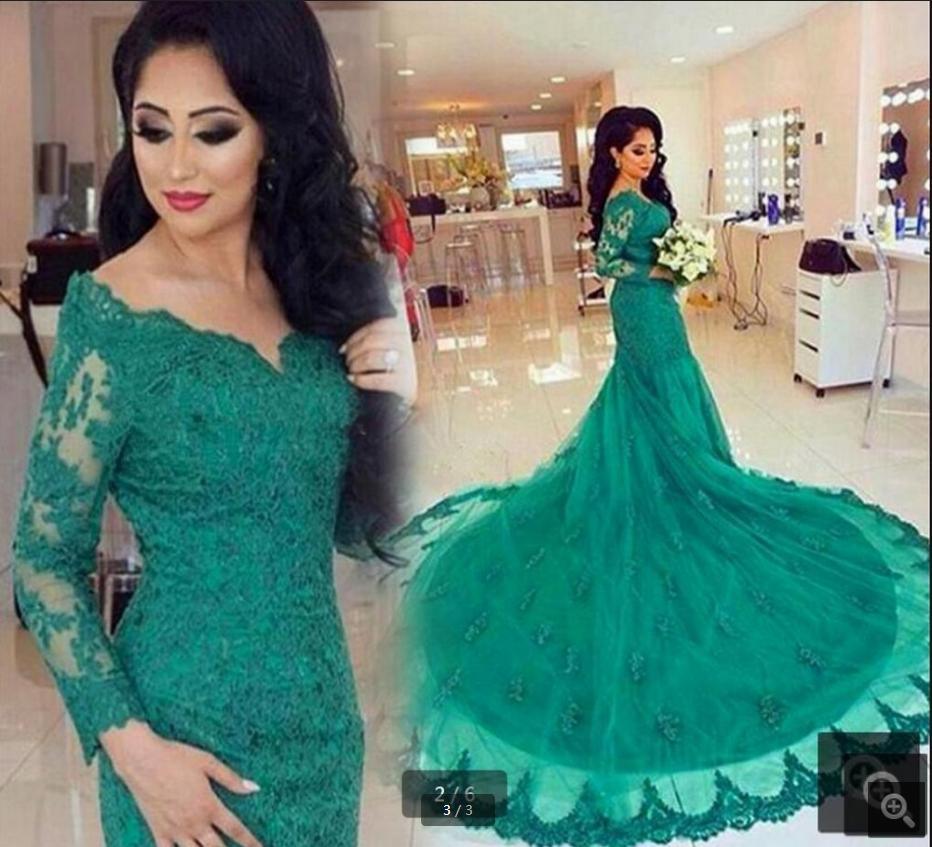 

New Arrivals Green Lace appliues long sleeve modest prom Dress 2019 real picture Elegant V-Neck formal Prom Dresses chapel train, Silver