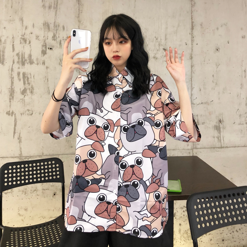 

2020 New Summer Blouse Women Cute Cartoon Dog Print Shirt Harajuku Graffiti Shirt Loose Lapel Short Sleeve Chiffon Female, Beige