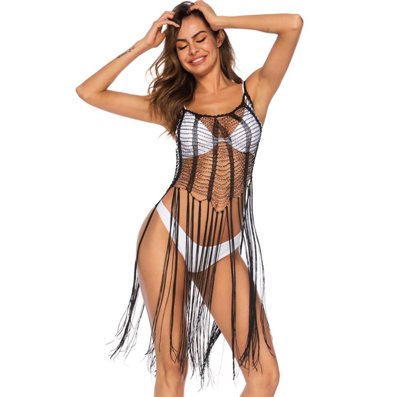 

Women Summer Sexy See Through Bathing Bikini Cover Up Beade Hollow Out Tassels Swimwear Beachwear Female Kaftan Robe Tunic