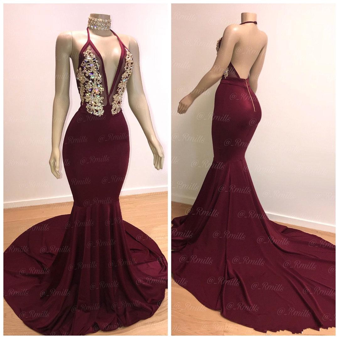 

2019 Burgundy Prom Dresses Sexy Mermaid Halter Neck Open Back Evening Gowns Gold Crystal Bead Cocktail Party Ball Red Carpet Dress, Hunter green