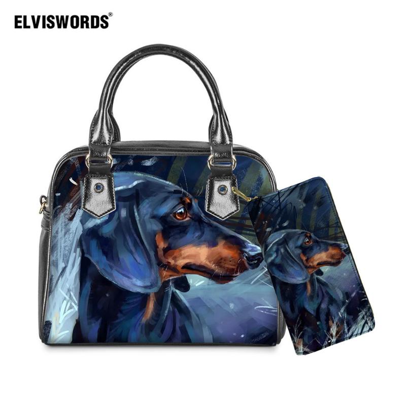 Womens Leather Head Dachshund Dogs Art Handbag Satchel Tote Bag Tote Purse