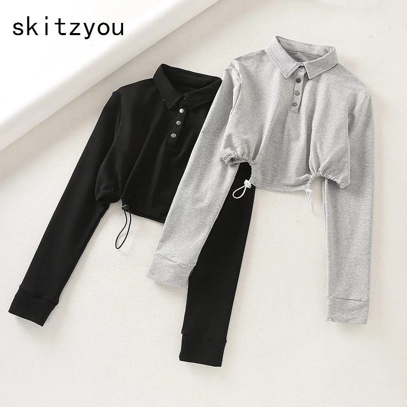 

skitzyou Autumn Women Casual Gray Short Top T Shirts Long Sleeve Female Black Front Buttons Crop Tops Loose Cotton Tee Jumpers