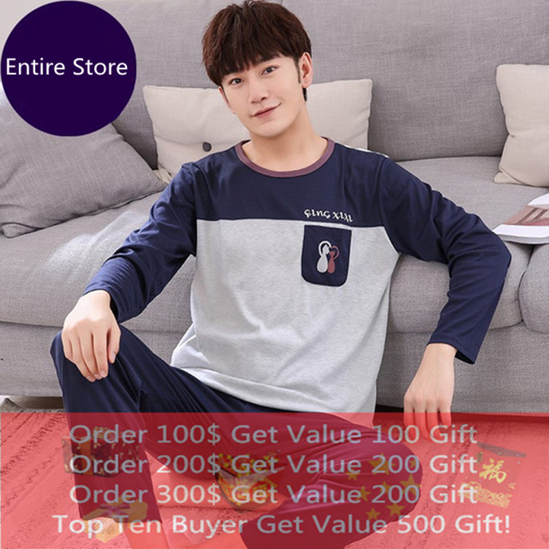 

Autumn Winter Long Men's Cotton Pajamas Letter Striped Sleepwear Cartoon Pajama Sets Casual Men Pyjamas Plus Size  Pijama, As picture shown