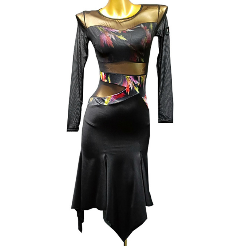 

Latin Dance Clothes Women Adult New Dance Clothes Long Sleeve Dress Printed Latin Skirt Wear, Black