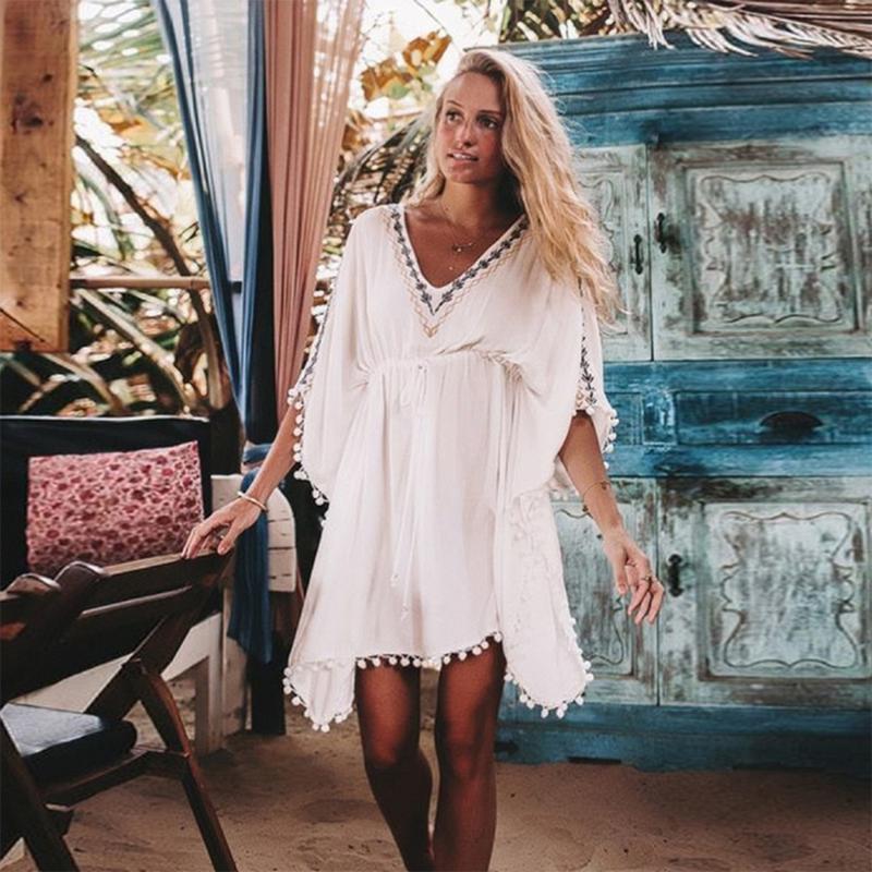 

Boho White V Neck Beach Cover Up Embroidery Vintage Swimwear Ladies Tunics Kaftan Beach Dress Bat Sleeves Women Wear