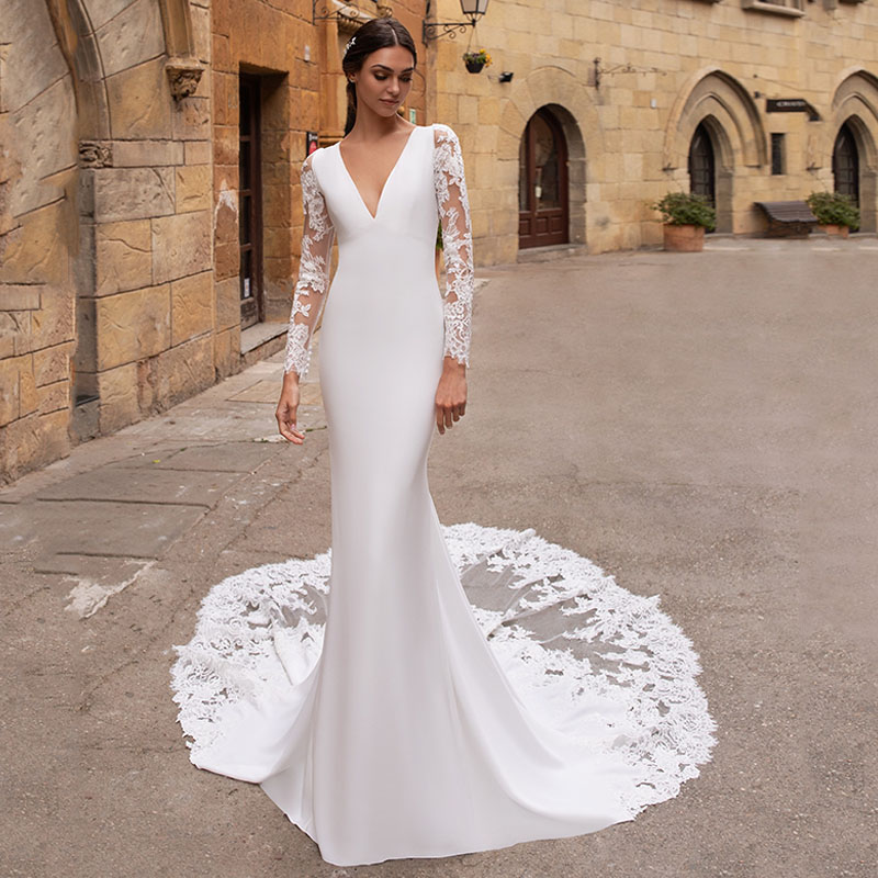

2023 Long Sleeves Wedding Dress Mermaid V Neck Lace Appliques Bride Gowns Backless Bridal Dresses Turkey Vestido de noiva, Ivory