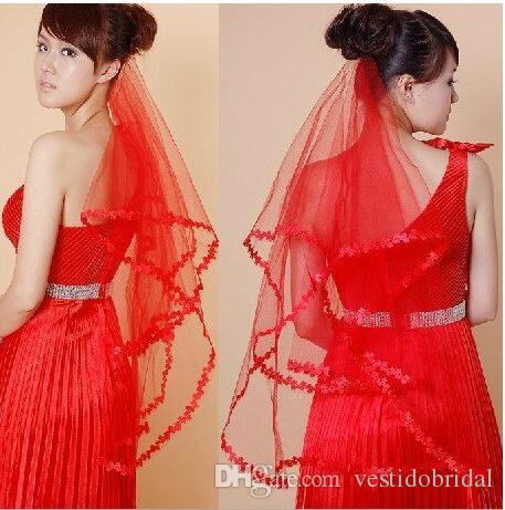 

2022 Cheapest Wedding Veils White Ivory Pink Red Lace Elbow Veils For Bridal Wedding Event Veil