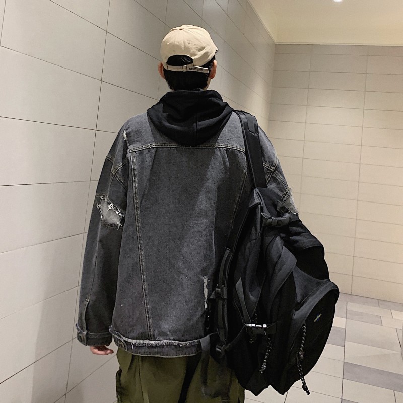

Denim jacket male 2019 new pocket jacket hole handsome handsome loose work, Black