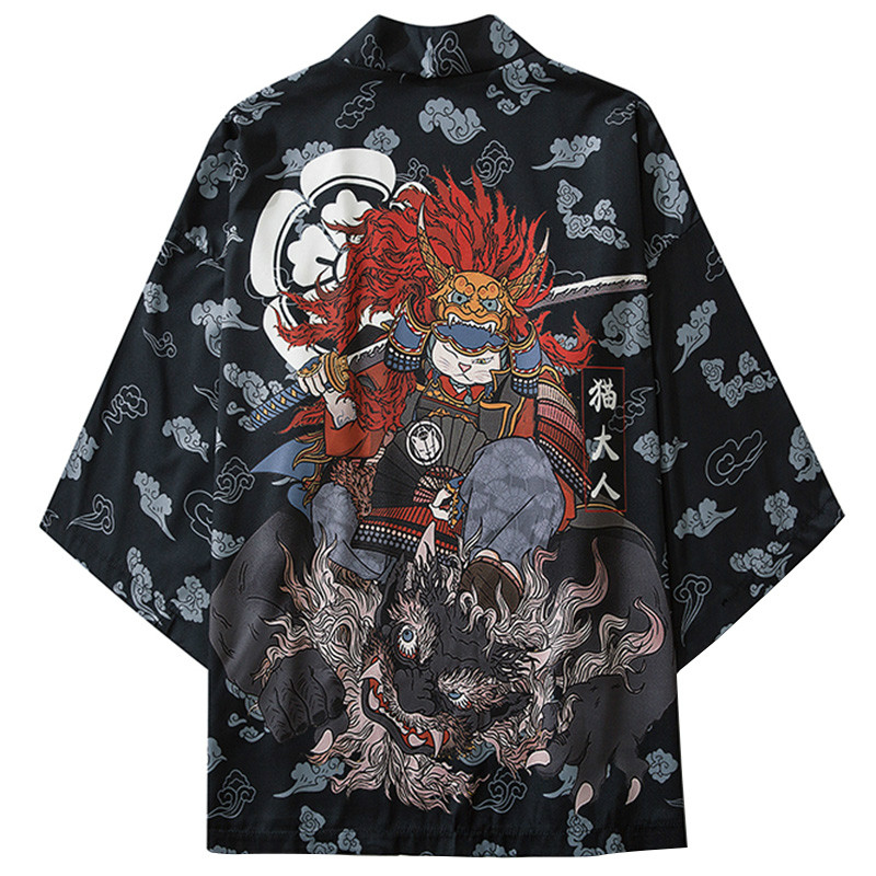 

Januarysnow Japanese Kimono Jacket Officer Cat Print Harajuku 2020 Hip Hop Men Japan Streetwear Jacket Summer Thin Clothing Loose Kimono, Black