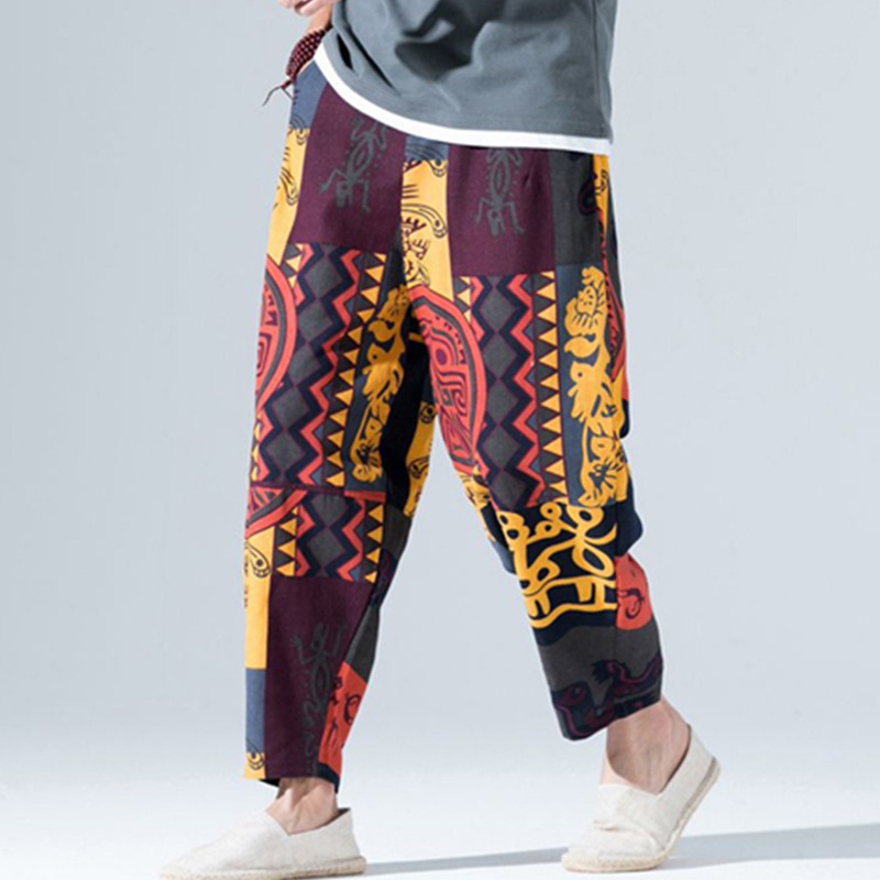 

2020 Summer European American Personality Cotton Linen Loose Large Size Wide Leg Pants Retro Chinese Style Printed Casual Pants