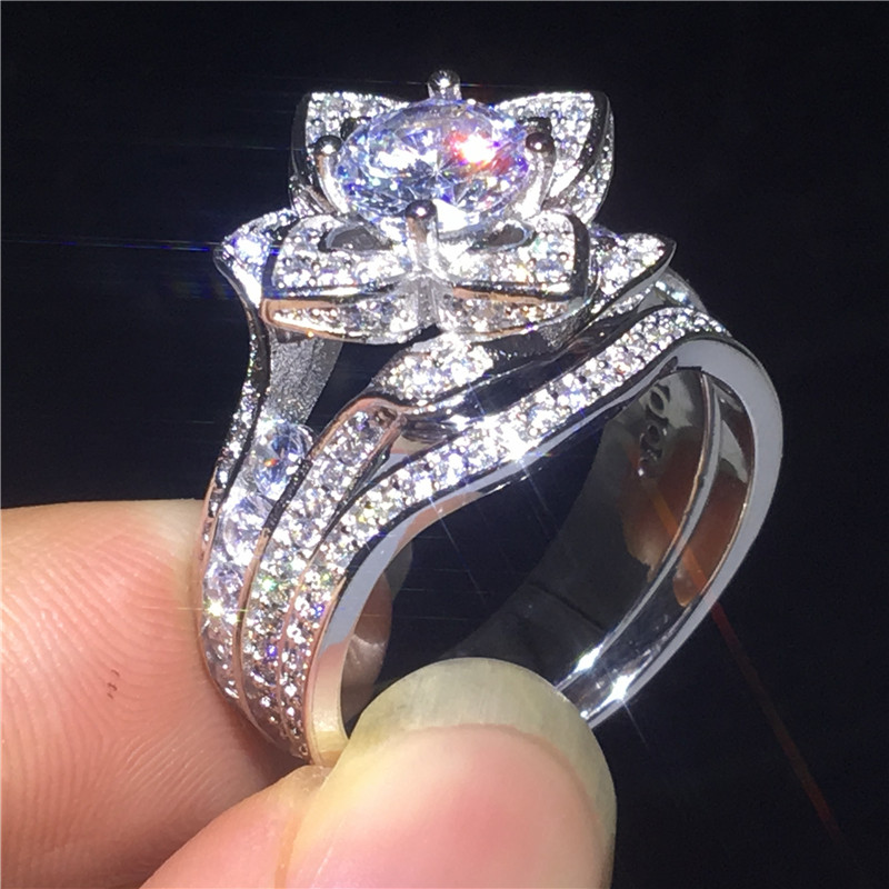 Vecalon Flower Promise ring set 925 sterling silver Diamond Engagement wedding Band rings for women men Vintage Finger Jewelry