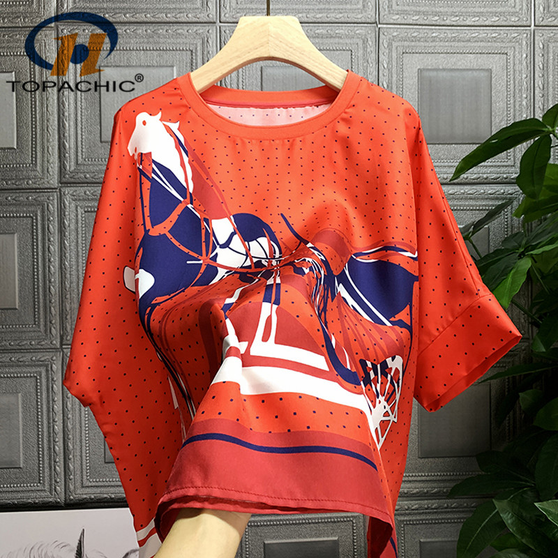 

5.3 2020 Summer New Women Fashion O-neck Batwing Sleeve Polka dot Print Decoration Loose Silk Blouse, Black