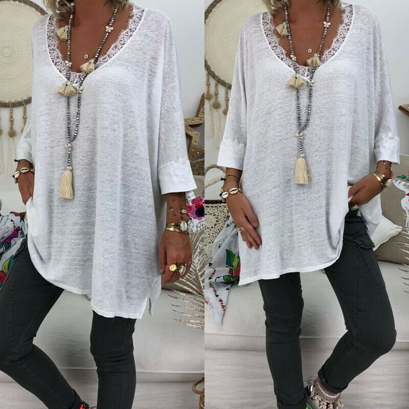 

2019 New Summer Autumn Women Long Sleeve V Neck Blouses Soft Loose Long Shirt Tops Pullover Lace Sexy Blouse Plus Size Hot, As pic