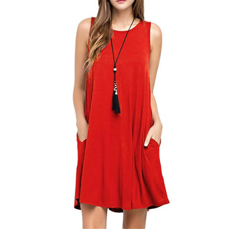 

Summer Casual Women Pockets Cotton T-Shirt Sleeveless New Loose Solid Tank Dress O-Neck Plus Size Women Mini Dress Vestidos, Army green