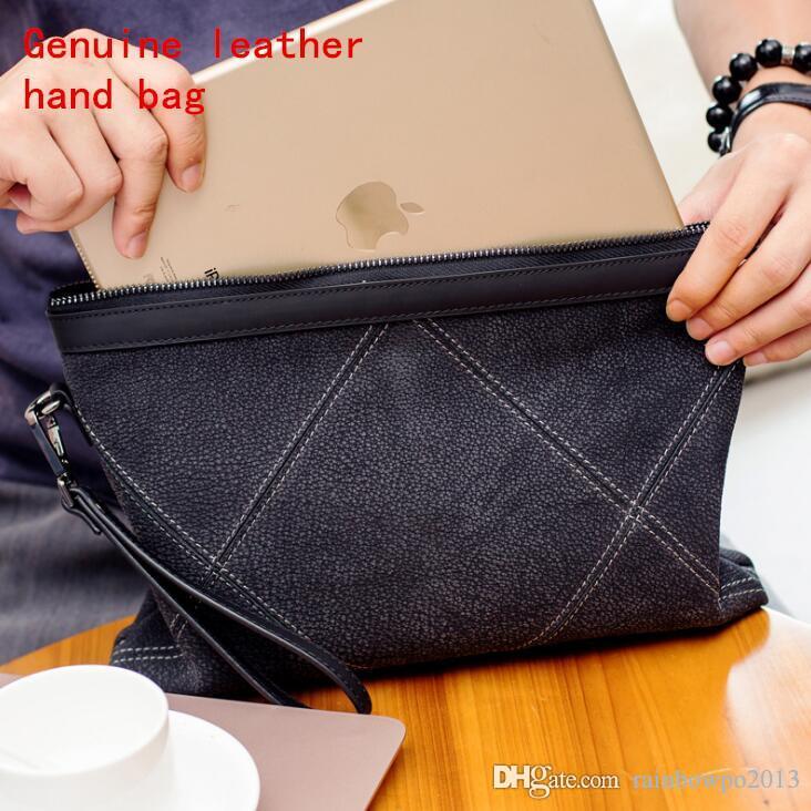 

Factory wholesale men bag original ecological double-sided cowhide mens hand grip wear resistant grid leather casual hands wallet fashion leathers handbags, Trumpet lattice