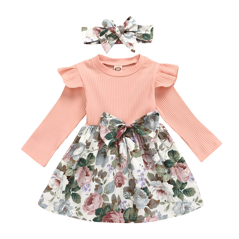 

Girls Floral Dress Suit Infant Baby Splice Bow Princess Dress Kids Casual Clothes Girls Spring Autumn Ruffler Dresses With Headband 06, Pink