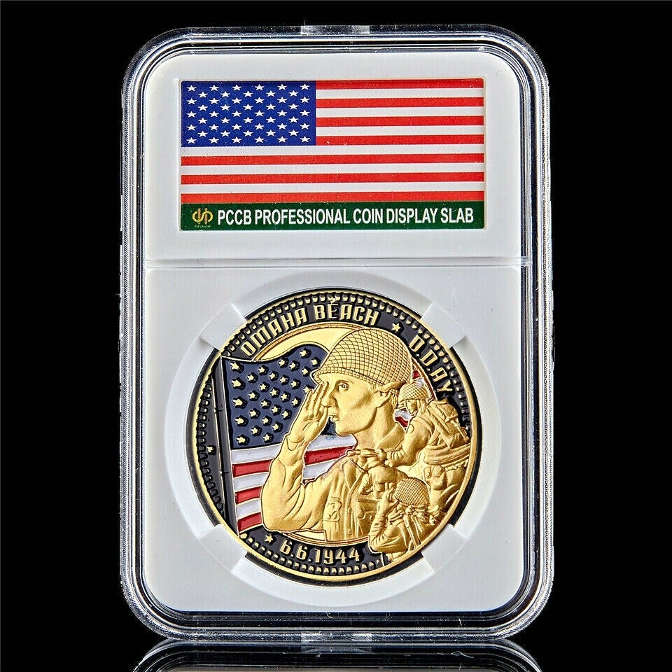 Arts and Crafts Military Challenge Coin D-Day Omaha Beach Land Cimetiere 1oz Gold Plated World Souvenir Badge W/PCCB Box-image-521865462