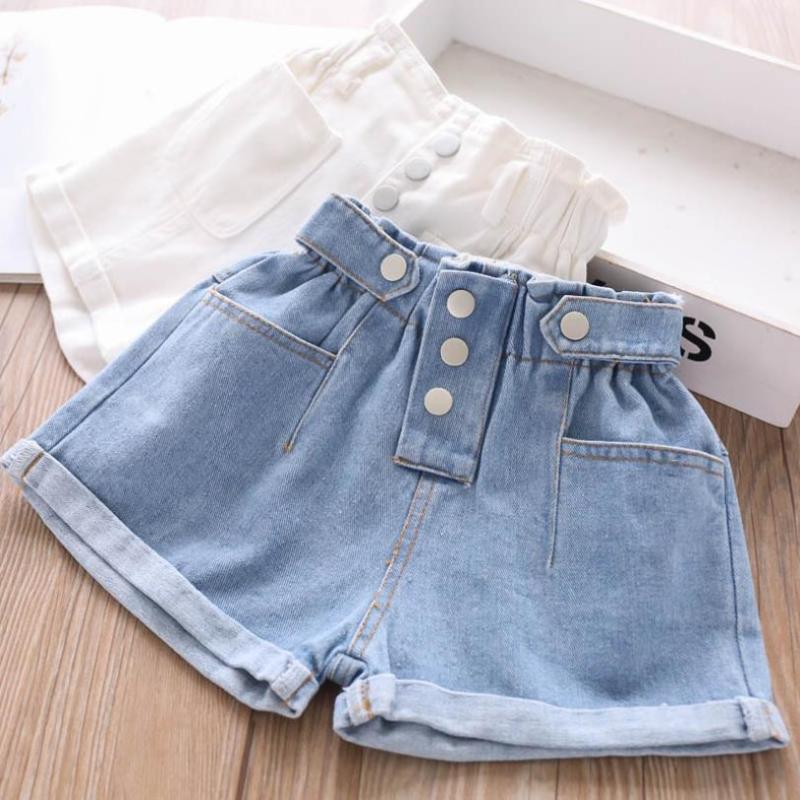

3T-10T Wholesale Children's denim shorts baby girls clothes Button design GIrls casual hot pants kids clothes jeans shorts L233, White (100-140)